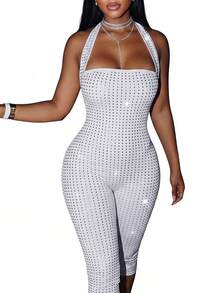 Blazique Rhinestone Halter Neck Slim Fit 3/4 Length Jumpsuit, Backless Sexy Hot Girl Party Outing Outfit White Summer Casual - White - View 1
