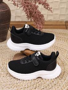 1 Pair Kids' Black Mesh Hook & Loop Thick Sole Casual Sports Shoes, Suitable For Daily School And Outdoor Occasions - Black - View 6