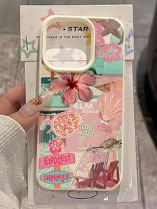 1pc White Matte Minimalist Lens Protection Floral Turtle Collage Pattern Phone Case Personalized Suitable For IPhone 16 Pro Max/18/17/16/15/14 Plus/13/12/11 Protective Case Air Compatible With Samsung Series - Multicolor - View 2