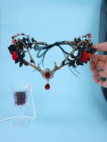 Crescent Moon Red Rose Witch Flower Crown Black Leaf Branch Headpiece Gothic Forest Witch Halloween Dark Bridal Head Accessory - Red - View 4