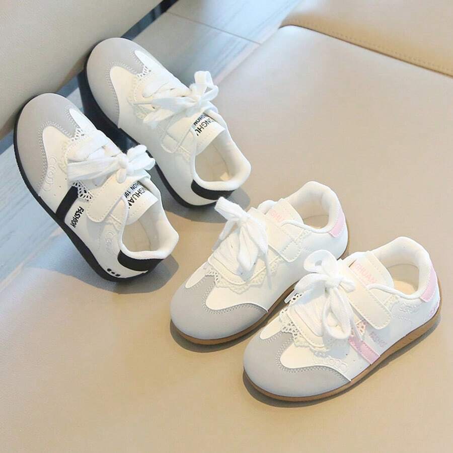 Girls' Sweet Lace-Up Hook & Loop Soft Sole Sneakers, Easy On/Off Kindergarten Shoes