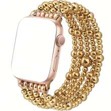 Beaded Bracelet, Compatible With Apple Watch Bands 41mm 40mm 38mm 42mm 44mm 45mm 49mm, Women's Style, Gold Beads, Cute Handmade Elastic Band, Suitable For Series SE 9 8 7 6 5 4 3 2 1, Couple Gift, Gold Bracelet Set - Gold - View 5
