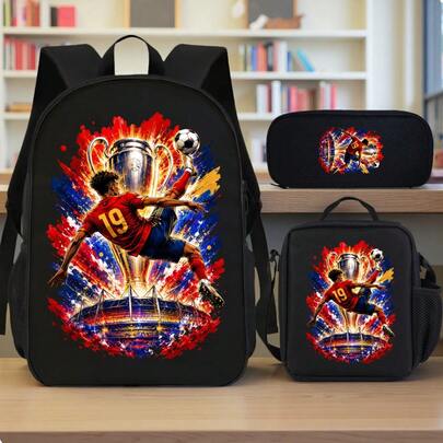 Ensemble de 3 sacs d'école à motif de joueur de football et de stade imprimés en 2D, design amusant et multicolore, idéal pour les fêtes, les voyages, les anniversaires, cadeau parfait pour les a