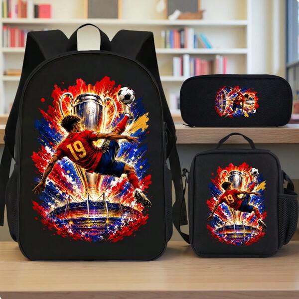 Juego de 3 piezas de mochila escolar con diseño de estadio y trofeo de jugador de fútbol, impresión 2D plana, diseño divertido y multicolor, ideal para fiestas, viajes, cumpleaños, regalo pe