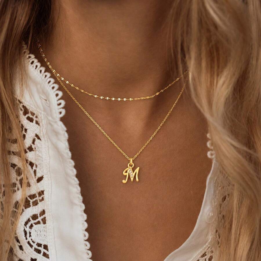 1pc New Classic Initial Pendant Gold Color Layered Chain Necklace For Women - Yellow Gold - View 1