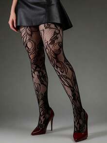 1 Pair Women's Sexy Elastic Tight Leggings, French Vintage Floral Jacquard Hollow Fishnet Tights, Spring/Summer Thin Dark Gothic Style Pantyhose, Slimming Leg-Flattering Leggings, Suitable For Halloween, Christmas, Holiday Travel, Vacation, Dating, Socializing, Fashionable Wear, Back To School Outfits - Black - View 4