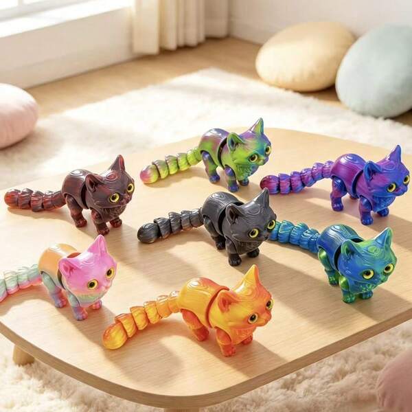 4PCS 3D Printed Cat Toy Figurines, Designed For Children, Featuring Movable Parts And Realistic Fantasy Style Toy Design, Suitable For Home Decor, Can Be Used As Desktop Decoration For Bedroom, Study, Living Room And Other Places. Suitable For Holiday Decoration, Valentine's Day Gift, Random Eye Color