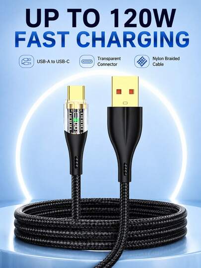 120W USB-A 轉 USB-C 快充數據線，480Mbps 傳輸速度，尼龍編織線身，透明接頭，鍍金接點，強化抗拉，適用於 USB-C 手機、平板電腦、行動電源及配件