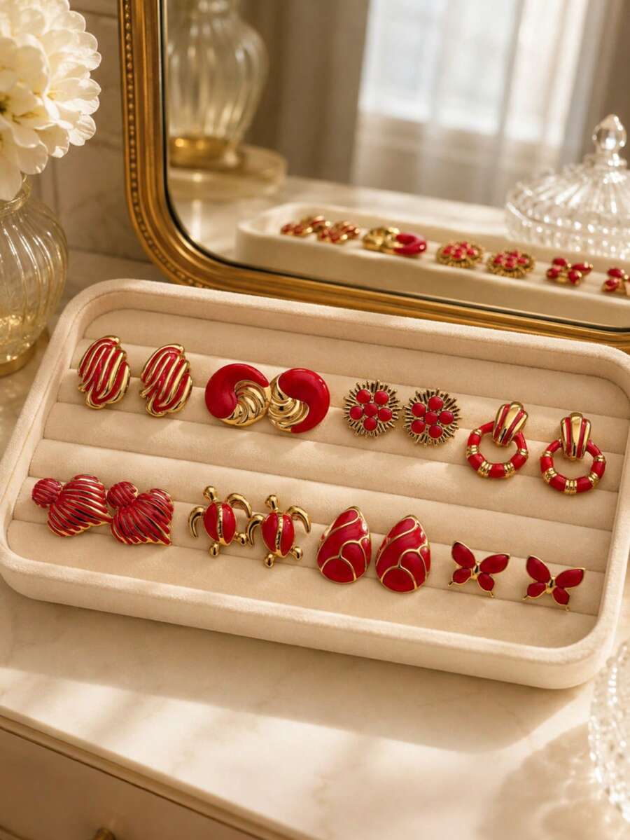 8 Pairs Vintage Red Enamel Stud Earrings Set, Women's Gold Flower Butterfly Turtle Geometric Shaped Exaggerated Jewelry, Suitable For Daily Wear And Party