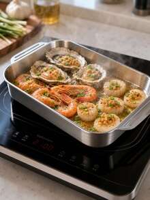 1pc Thickened Double Handle Stainless Steel Deep Baking Pan, Large Rectangular Hot Pot Serving Tray, Fruit Pizza Platter, Smooth And Easy To Clean, Suitable For Grilled Fish, Mixed Seafood, Shellfish, Hot Pot, Indoor BBQ, Party Banquet, Buffet, Home And Restaurant Use, Perfect For Food Preparation - Square Fish Roasting Pan - View 6