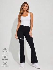 Women's Ribbed Seamless High Waist Flare Yoga Pants Black Fall - Black - View 3