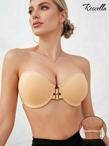 Women's Skin-Tone Strapless Bra, Sexy Invisible Strapless Bra With Front Closure, Underwire Push-Up Bra With Backless Design, Invisible Non-Slip Supportive Thin Top Thick Bottom Bra For Small Bust - Apricot - View 2