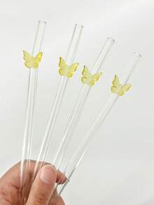 2/4pcs Yellow Butterfly Shaped Glass Drinking Straws, Suitable For Water Cups, Reusable Curved Transparent Thickened Glass Straw Tableware Set, Kitchen Accessories, Straw Caps, Cold Drinks, Milk Tea, Coffee, Bar, Home, Restaurant, Holiday Supplies, Summer - View 4