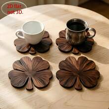 4pcs Walnut Color Coasters - Clover Wooden Coasters, Luxury Coffee & Tea Cup Desktop Protection Coaster Set, Suitable For Home, Bar And Country Style Home Decor Gift, 2D Flat - Coffee Brown - View 5