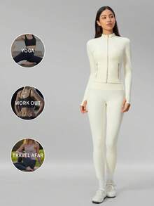 MFVIM Women's Versatile Yoga Set, Soft Skin-Friendly Fitted Jacket + Butt-Lifting Slimming Wide Leg Casual Pants - Creamy White - View 5