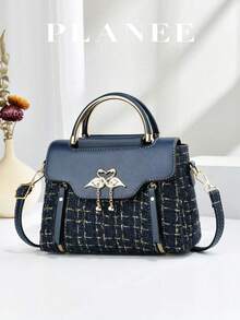 1pc Women's Solid Color Mini Square Handbag, Fashion Top Handle Crossbody Bag, Mini Shoulder Wallet With Buckle Decor - Navy Blue - View 1