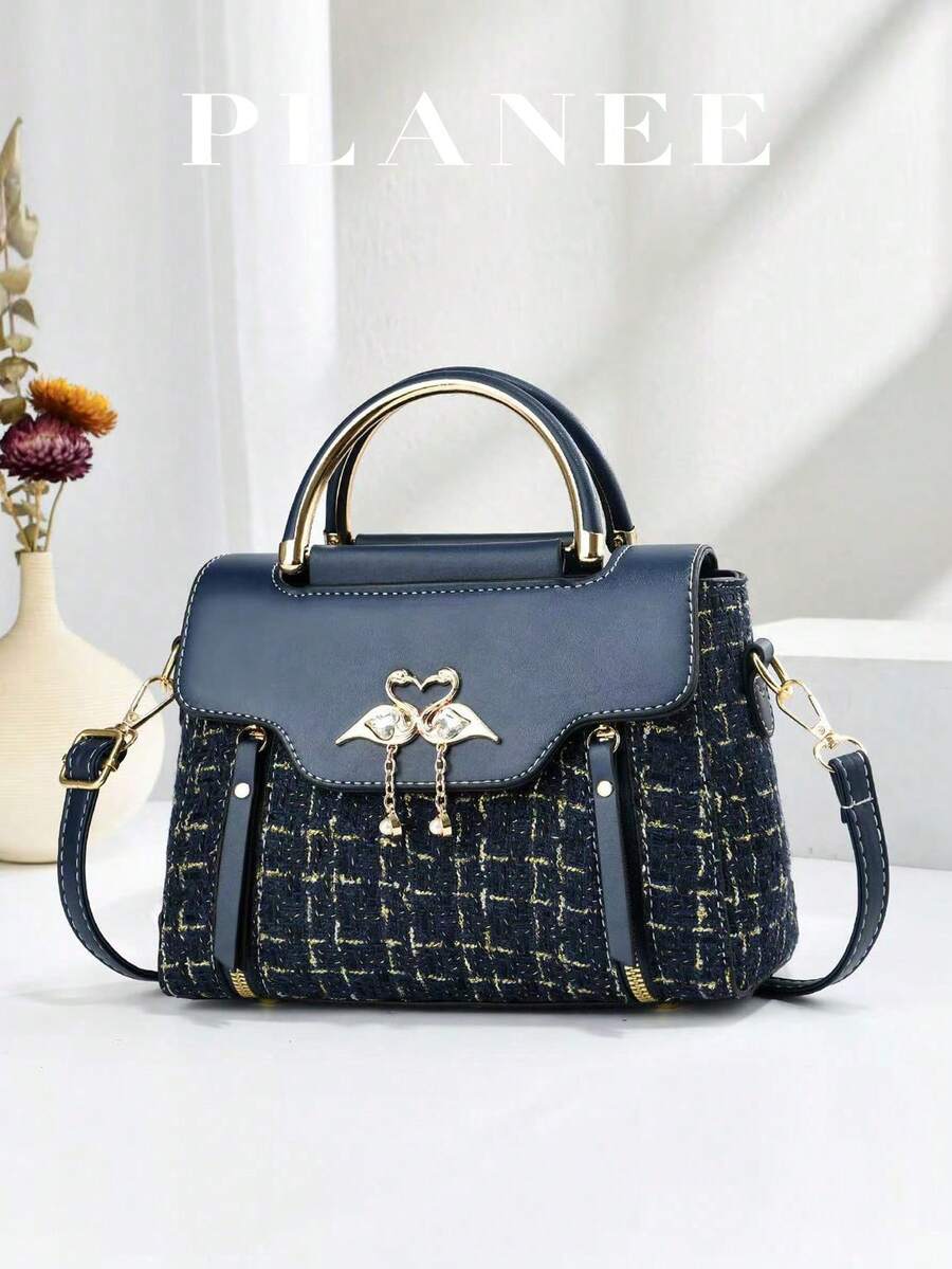 1pc Women's Solid Color Mini Square Handbag, Fashion Top Handle Crossbody Bag, Mini Shoulder Wallet With Buckle Decor - Navy Blue - View 1