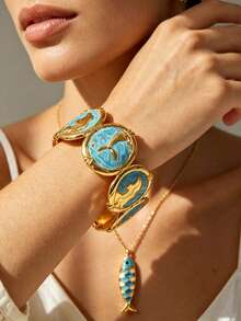 2/1pc Vacation Style Stainless Steel Bracelet/Necklace Set With Marine Life Decor, Suitable For Daily Commute Or Beach Vacation Wear For Women - Yellow Gold - View 4