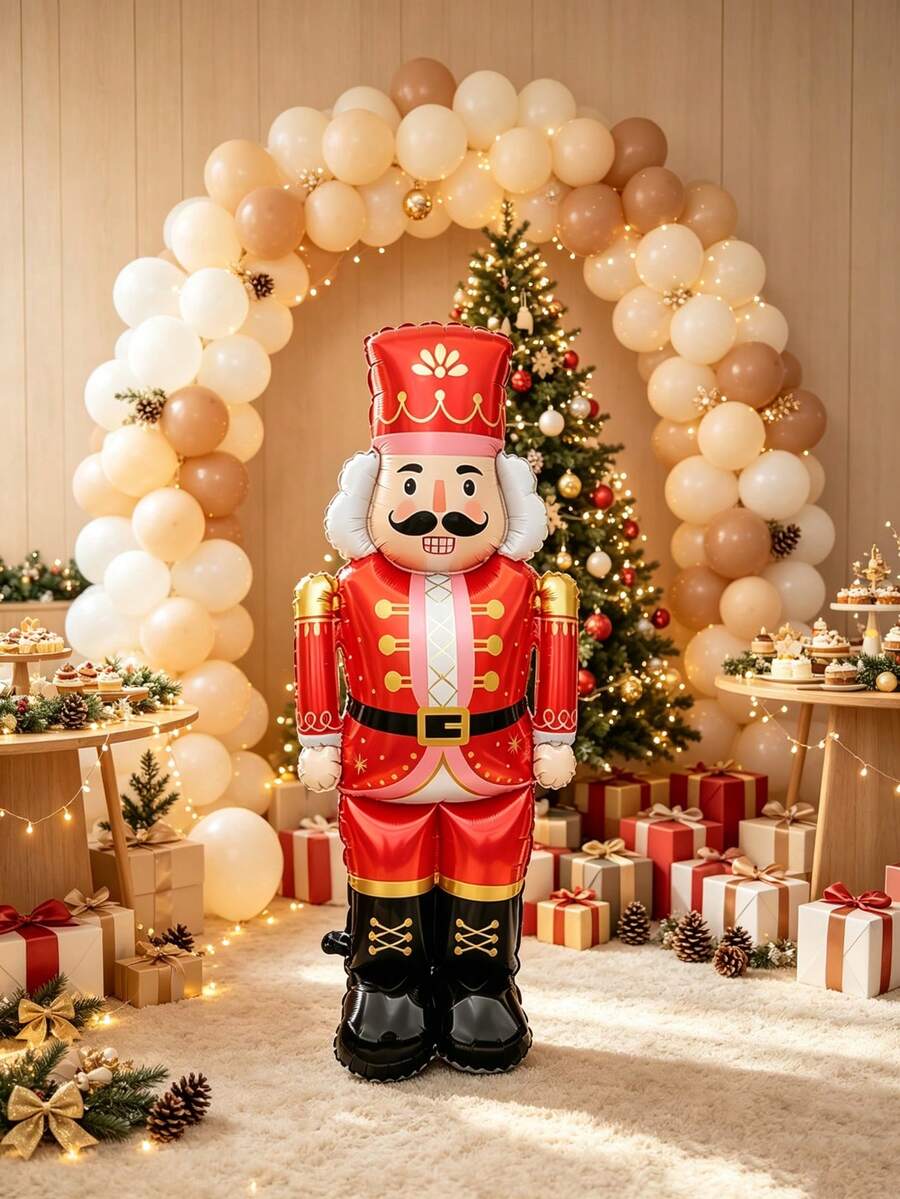 1pc Red/Pink Standing Nutcracker Shaped Balloon, Suitable For Christmas Party Atmosphere Decoration, Winter Theme Party, Christmas Photo Prop Balloon - View 1
