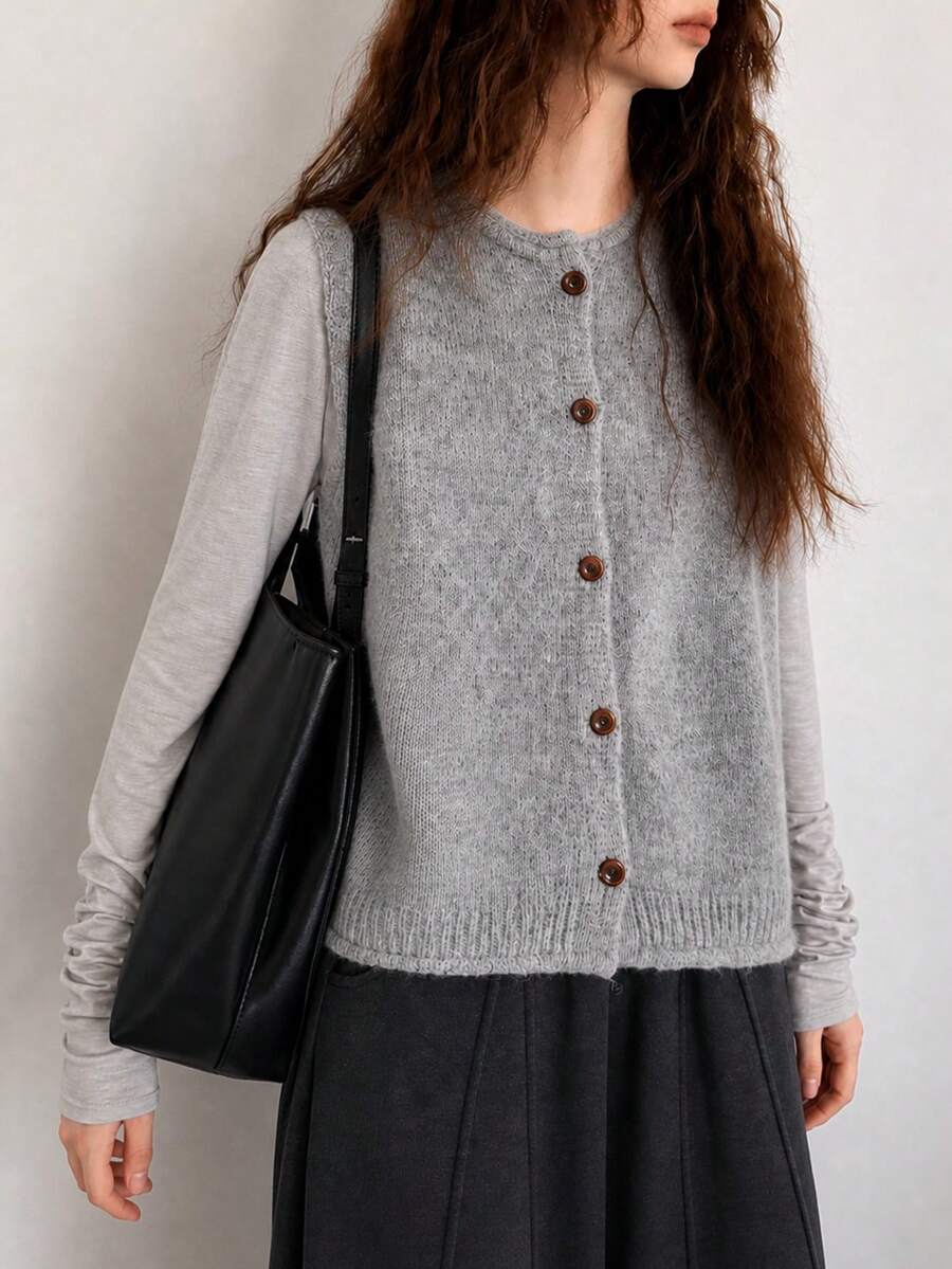 Women's Autumn/Winter Casual Minimalist Versatile Round Neck Knit Cardigan Vest Fall - Grey - View 1