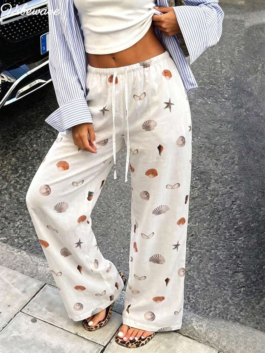 VIBEWAVE Shell And Starfish Print Drawstring Elastic Waist Wide-Leg Pants Women's Textured Vacation Style Loose Straight Casual Trousers - White - View 1