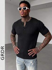 GRDR Men's Classic Ribbed Solid Color Knit Short Sleeve T-Shirt, Suitable For Summer Casual Gatherings - Black - View 3