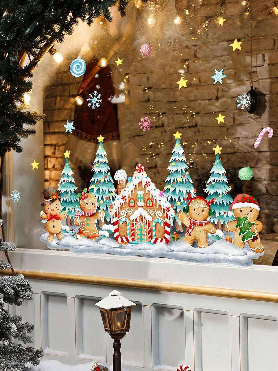 1pc Creative Christmas Gingerbread Man Window Stickers, Christmas Glass Decorations, PVC Static Cling Stickers, Home Decor, Shop Window Decorations, Suitable For Decorating Living Rooms, Kitchens, And Store Windows