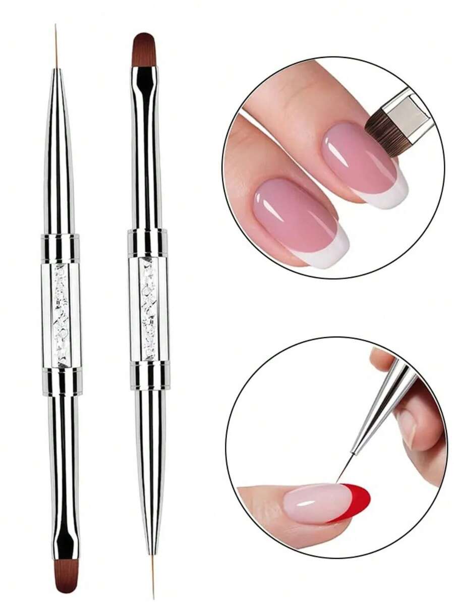 1pc Rhinestone Handle Professional Hard Gel Nail Brush, Dual-Ended Builder Gel Brush, French Line Brush, Suitable For Acrylic Nails - Multicolor - View 1