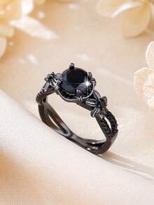 1pc Elegant Fashion Round Cubic Zirconia Ring, Floral Design, Perfect Ideal Holiday Jewelry Gift - Gun Black - View 1