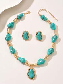Bộ trang sức nữ 2 món/set gồm dây chuyền và bông tai phong cách kim loại sáng tạo cá tính, mặt dây chuyền giả ngọc lam phong cách vintage Bohemian, dây chuyền xương quai xanh đính hạt CCB bất đối xứng, dùng hàng ngày, quà tặng lễ hội, tiệc tùng, du lịch, phụ kiện quà tặng cao cấp sang trọng - Nhiều màu - Xem 3