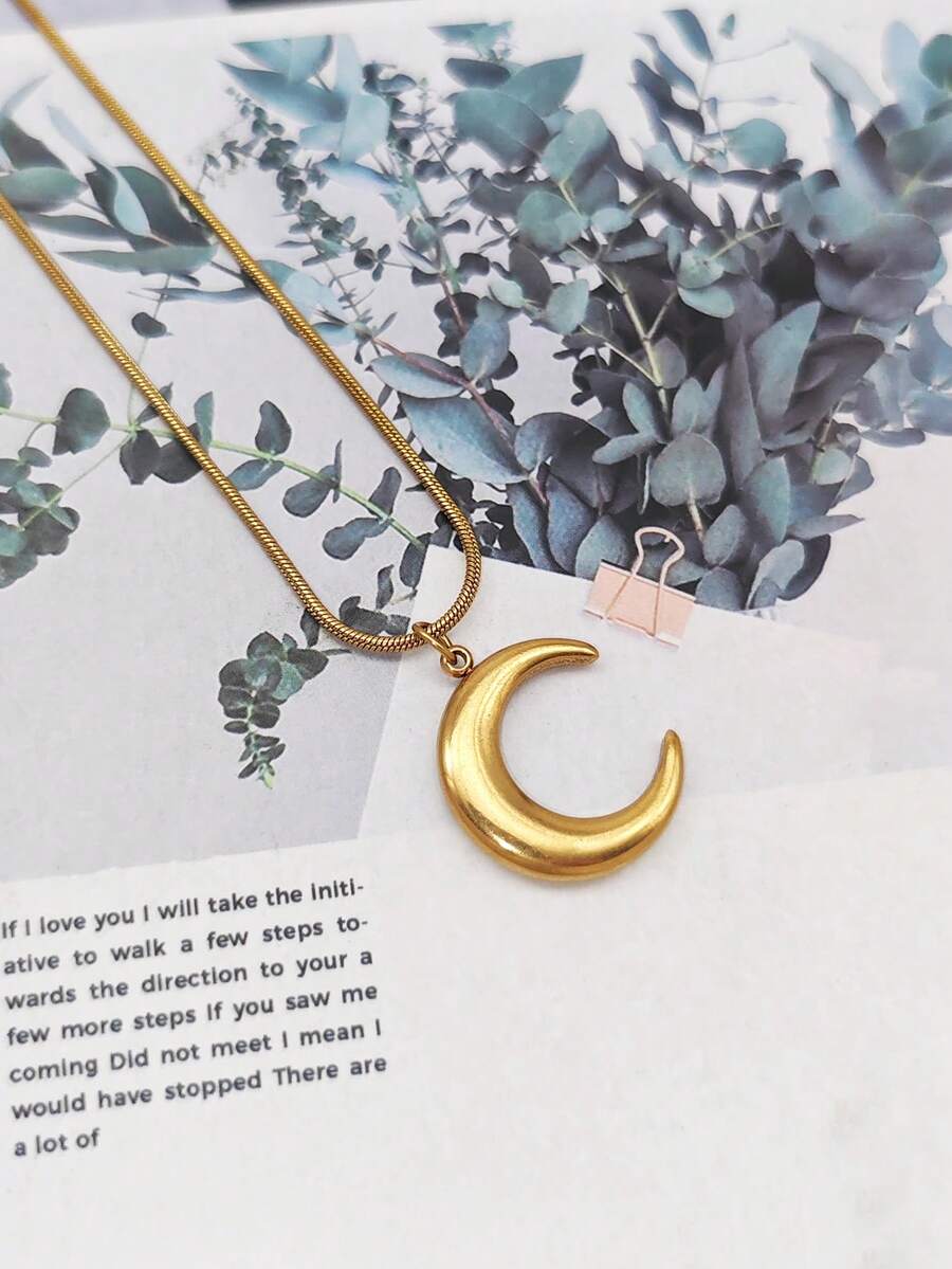 1pc Vintage Stainless Steel Oil-Pressed Moon Pendant Necklace, 18K Gold Stainless Steel Material, Niche Design Titanium Steel Clavicle Chain, High-End Women's Necklace - Yellow Gold - View 1