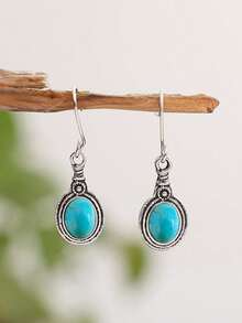 1 Pasang Anting-Anting Paduan Logam Kecil Liontin Bulat Batu Turkuois Buatan Gaya Bohemian - Perak - View 7