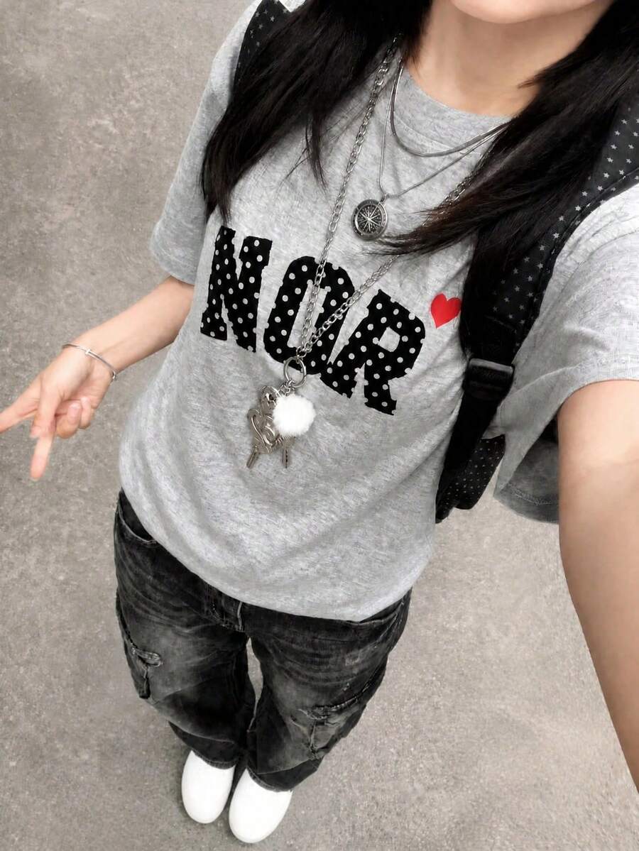 Women's Summer Casual Loose Letter & Cartoon Print Short Sleeve T-Shirt - Light Gray - View 1