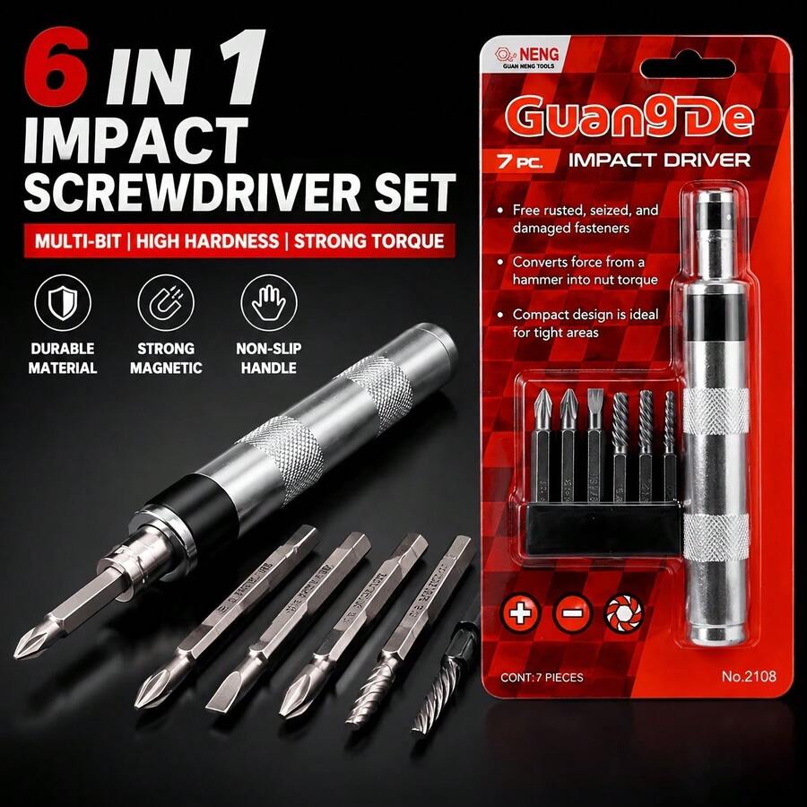 Set Obeng Impact 6-in-1 Isi 7 Buah | Set Mata Obeng Multifungsi Elektrik/Manual | Gagang Logam Anti Selip dan Ujung Magnet yang Kuat | Alat Perbaikan Khusus untuk Sekrup yang Lepas/Berkarat | Universal untuk Perbaikan Rumah/Mobil - A - View 1
