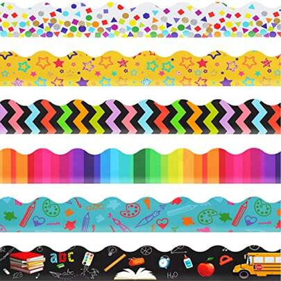 84 Piezas 83 Pies Bordes del Tablón de Anuncios Ribete de Borde Festoneado de Colores Decoración de Tablón de Anuncios Adhesivo Arcoíris para Pizarra Escuela, 6 Diseños
