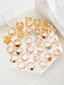 Random 37/22/6pcs Fashion Elegant Glamorous Bling-Bling Chunky Colorful Rhinestone Flower Heart Star Sun Cat Eye Shell Starfish Wide Band Ring Set For Women, Vacation Party Date Casual Holiday Banquet Travel Photo Daily Matching New Versatile - Yellow Gold - View 5