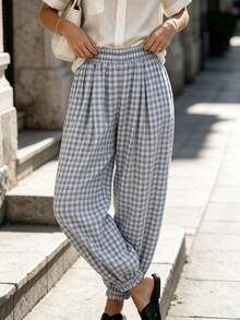 PEONY Women's Autumn Elegant Casual Vacation Bohemian Style Loose Light Gray Plaid Balloon Pants, Suitable For Summer Casual Holiday Outfits, Beach Vacation, Office Commute, Daily Wear, Beach, Party Gathering, Back To School, School Season, Holiday - Light Grey - View 5
