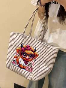 Casual Striped Tote Bag & Makeup Pouch,Funny Highland Cow Canvas Bag,Large Capacity Shopping Bag,Portable Zippered Storage Pouch,Vacation Handbag - Multicolor - View 13
