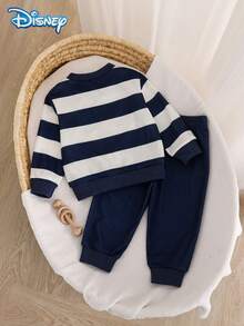 Disney 2pcs Set Autumn Baby Boy Newborn Mickey Cute Letter Cartoon Striped Print Long Sleeve Ribbed Sweatshirt Elastic Waist Royal Blue Sweatpants Slight Stretch Suitable For Baby Newborn Daily Wear Spring Gift - Royal Blue - View 2