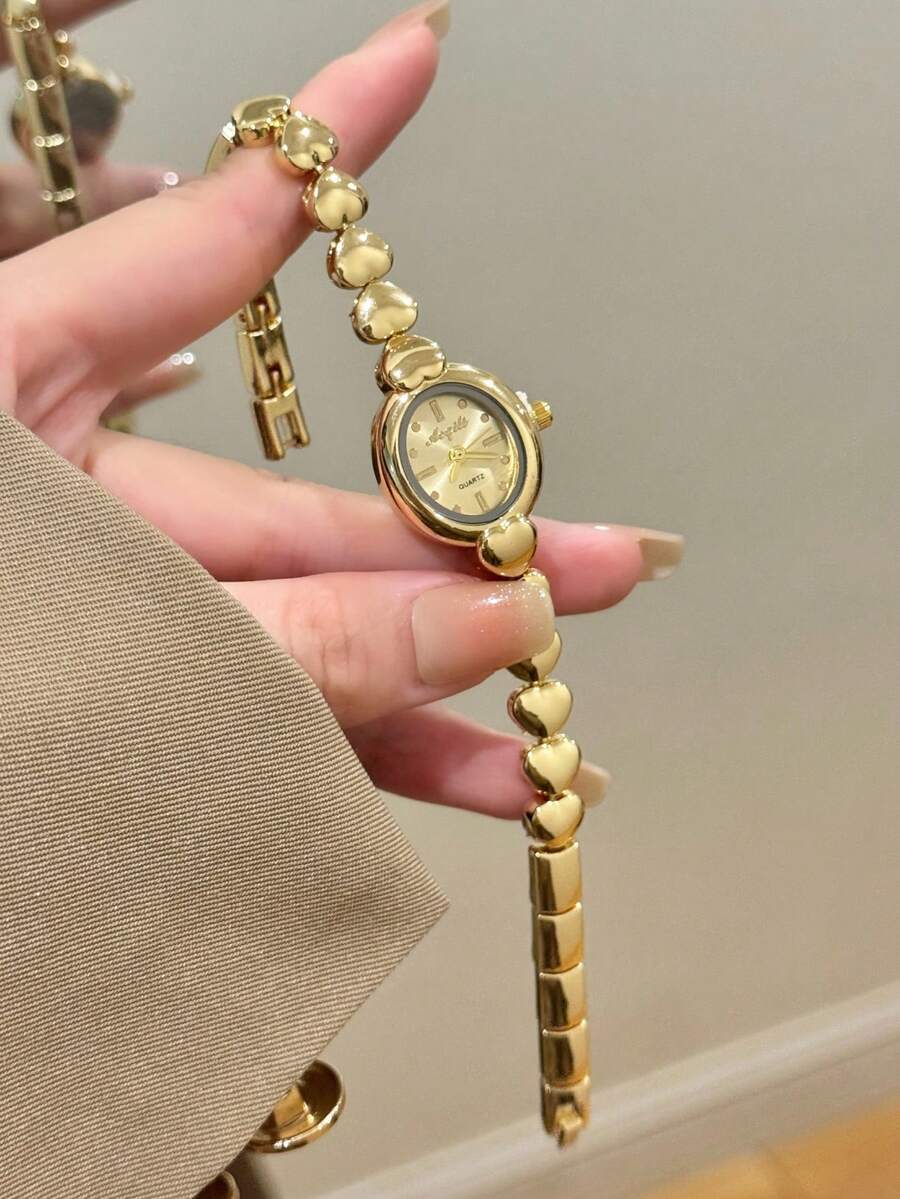 1件金色圓形女款石英手錶,優雅時尚極簡風,適合日常配戴,生日/畢業禮物,休閒聚會 - 金色 - 查看 1
