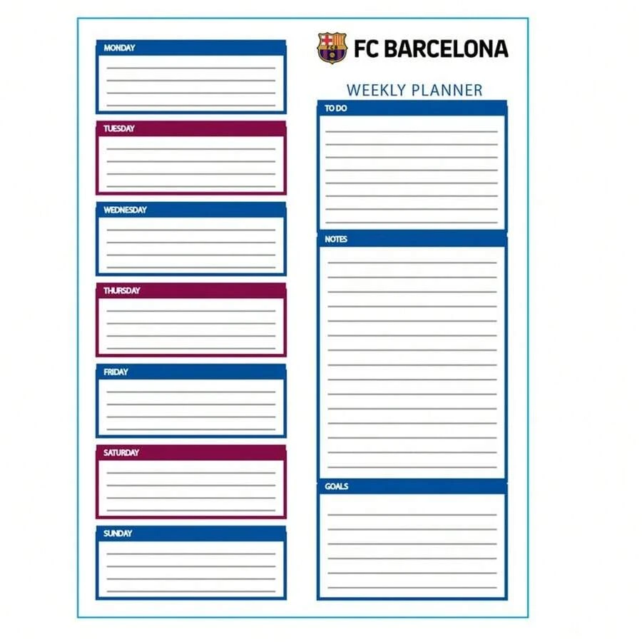 FC Barcelona 巴塞隆納足球俱樂部26/27賽季主場球衣週計劃本,50頁,週視圖,100克/平方米紙張,返校季必備,官方授權,實用格式,尺寸19x25.5厘米 - 週計劃表(初版) - 查看 1