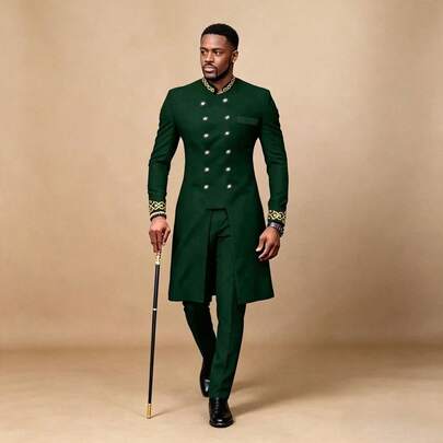 Men's Black Dashiki Double Breasted Long Blazer And Trousers Set, Golden Embroidery Stand Collar Suit, Elegant African Clothing For Weddings Parties
