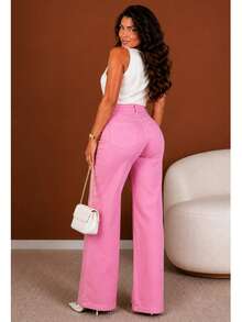 BNB WOMEN'S WIDE LEG JEANS PREMIUM HIGH-WAISTED FLARE PANTS - 泡泡糖粉紅 - 查看 3