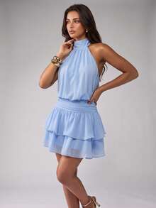 Elegant Fashionable Blue Halter Neck Backless Layered Ruffle Mini Dress - Wedding Party Fall - Baby Blue - View 10