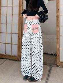 Sweet Cute White Polka Dot Contrast Embroidery Casual Versatile Slimming Curved Leg Wide Leg Jeans - White - View 5