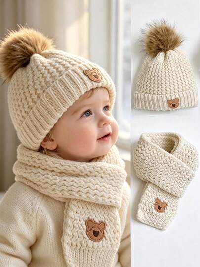 Conjunto de 2 piezas de gorro de punto con pompones + bufanda para bebé, material de hilo grueso suave y elástico, para niños y niñas de 1 a 3 años, unisex, para otoño/invierno, paseos, salidas al aire libre, uso diario, protección cálida para cabeza y cuello a prueba de frío, retención de calor y resistente al viento