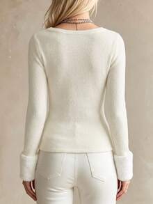 Fall Elegant Casual Ribbed Knit V Neck Long Sleeve Top, Detachable Furry Cuff Slim Fit Basic Shirt, Gentle Soft Daily Layering Blouse - White - View 5