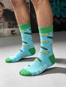 1 Pair Men's Light Blue Base With Green Contrast Trim Pickle Print Mid-Calf Socks, American Street Style, Suitable For Skateboarding/Daily Wear/Fun Gift - Multicolor - View 6