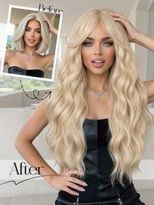 Blonde Wave Wig With Bangs Long Wavy Wig For Women 26 Inch | Soft Synthetic Fiber, Natural Bangs, Beginner Friendly, Daily And Halloween Wear - Multicolor - View 10