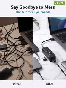 Acer USB 集線器 4 埠 USB 分配器 多埠 USB 延長線轉接頭 適用於筆記型電腦、桌上型電腦與行動裝置 - 黑色 - 查看 3